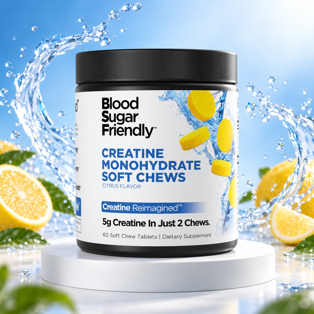Creatine Reimagined jar with citrus and a splash of water