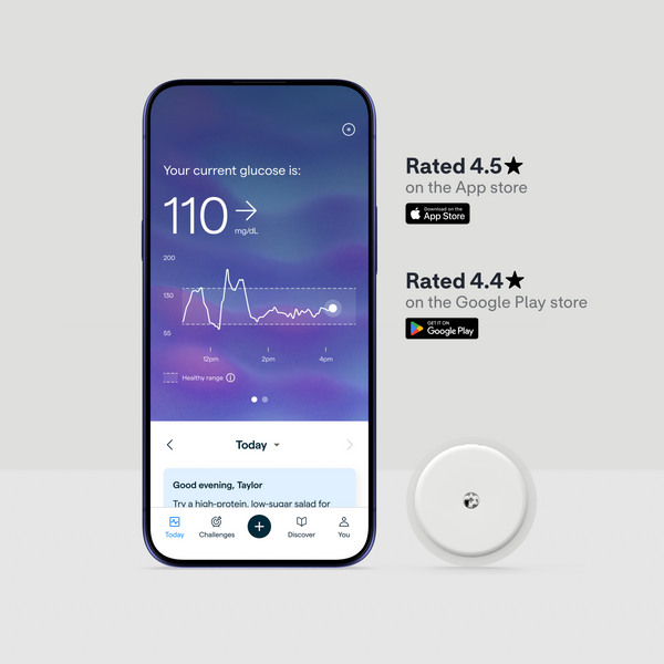 A phone showing the Lingo app next to a Lingo biosensor