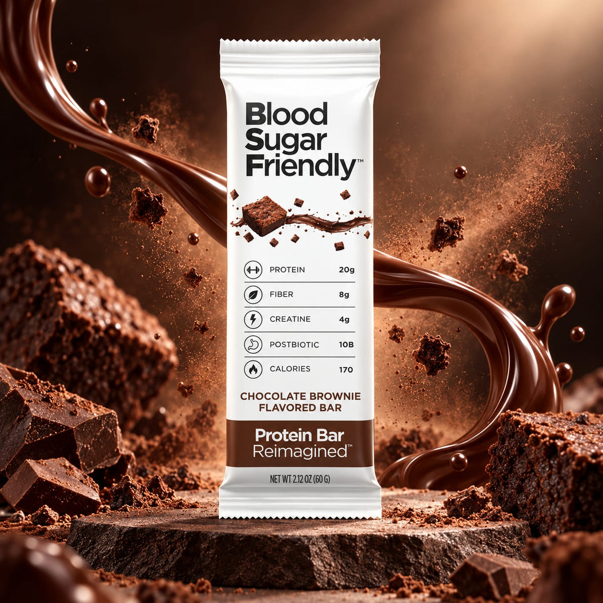 Protein Bar Reimagined™ Chocolate Brownie bar on dark stone with brownie chunks, chocolate pieces and a chocolate swirl