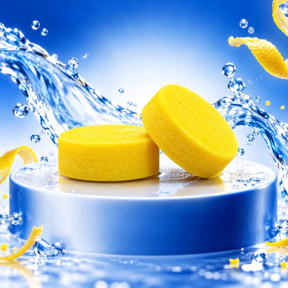 Two Creatine Reimagined citrus soft chews on a blue pedestal