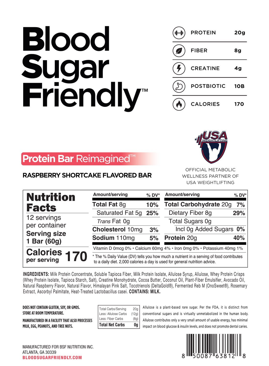 Protein Bar Reimagined Raspberry Shortcake caddy back with Nutrition Facts, ingredients and the net-carb box