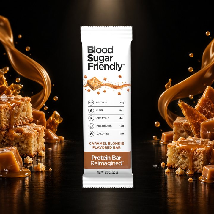 Caramel Blondie bar in a caramel splash